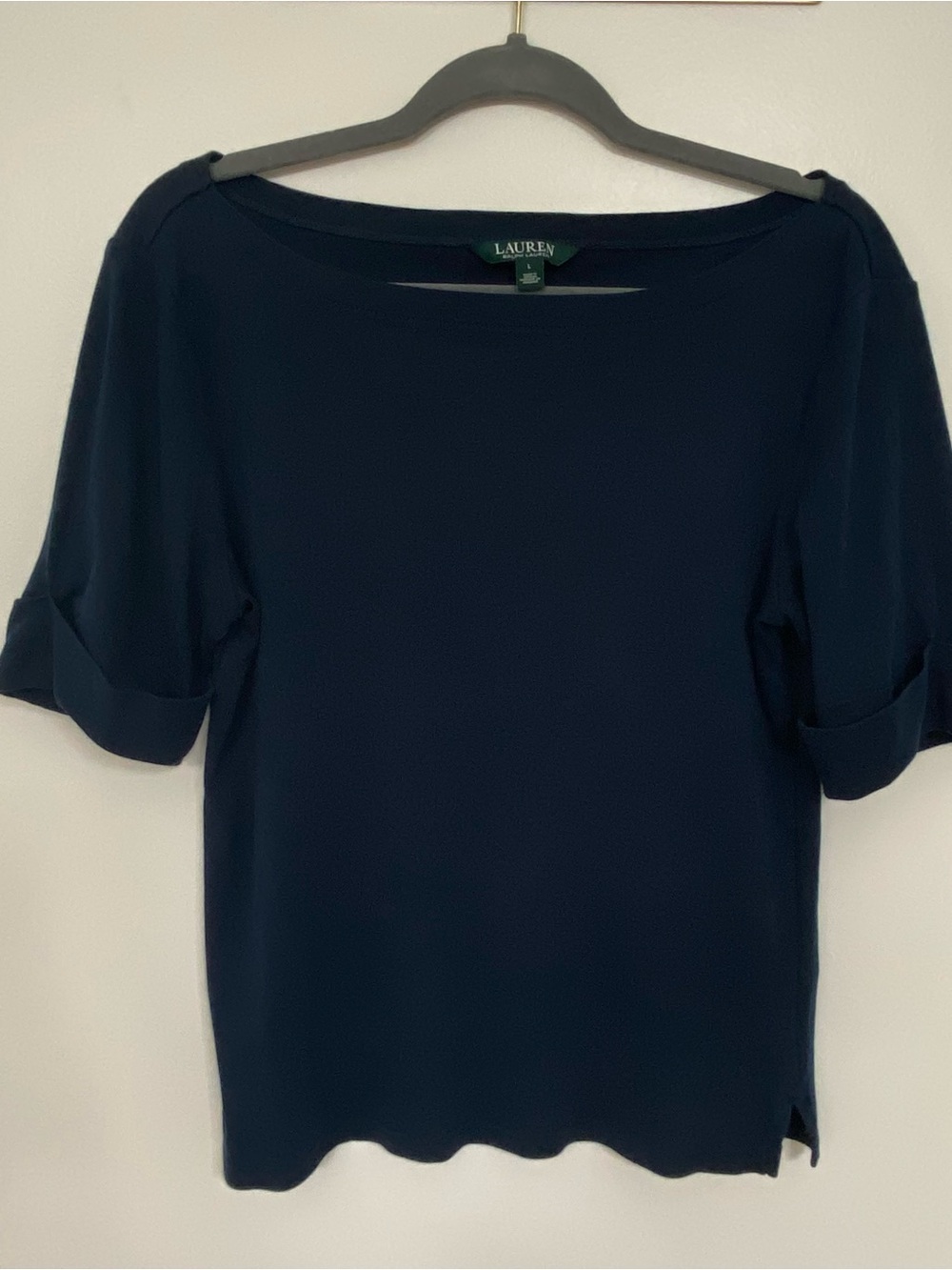 Lauren Ralph Lauren Navy Boat Neck Cotton Top Rolled Sleeve Women’s L